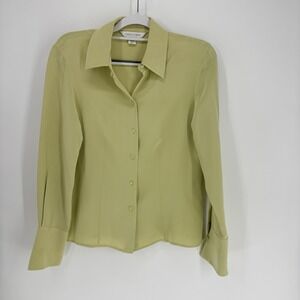 Casual Corner Silk Blouse Womens 8 Lime Green Tuxedo Cuff Classy Career